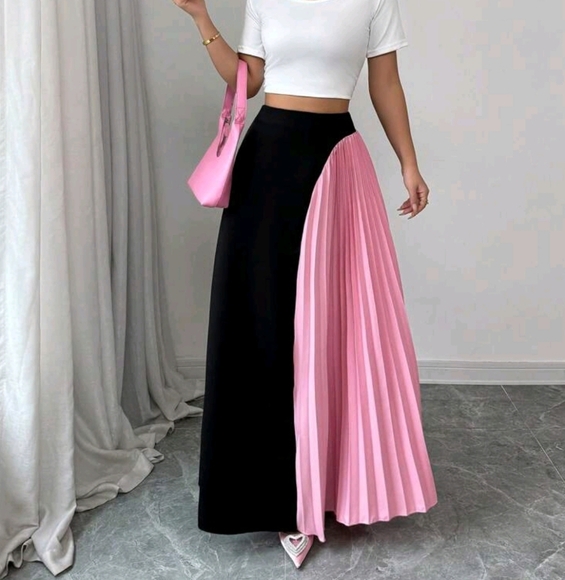 Women's Two-Tone Pleated A-Line Long Skirt - Picture 2 of 4